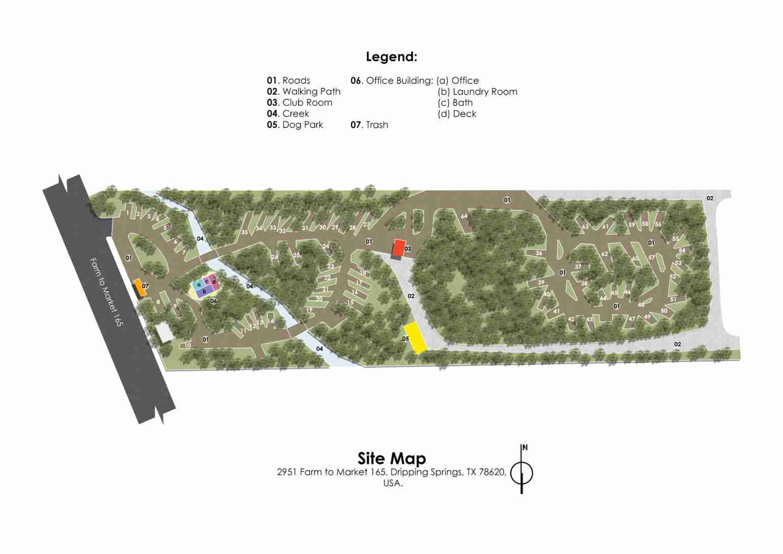 Cottonwood Creek published site plan: FM 165 entrance at left, office facilities near the entrance, club room in the center, and dog park along the lower walking path. Site numbers are shown; this is not live availability.