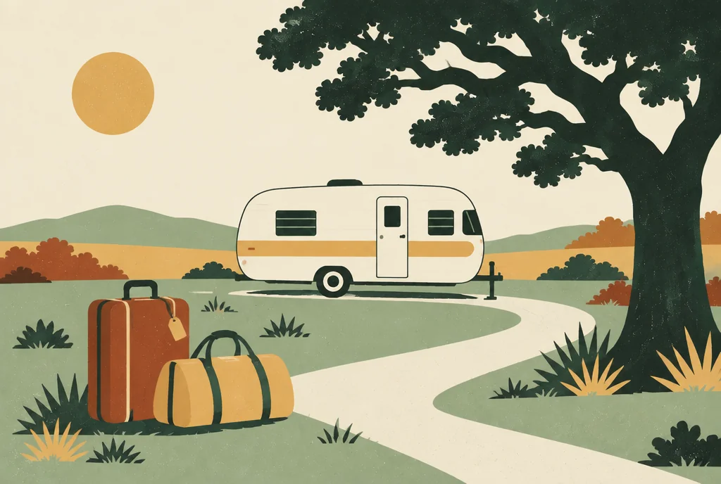 Retro illustration of luggage and a travel trailer beneath an oak