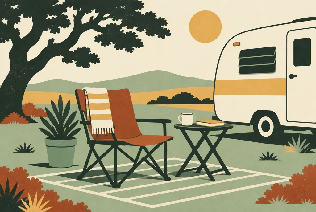 Retro illustration of a shaded RV patio with a chair, plant and coffee