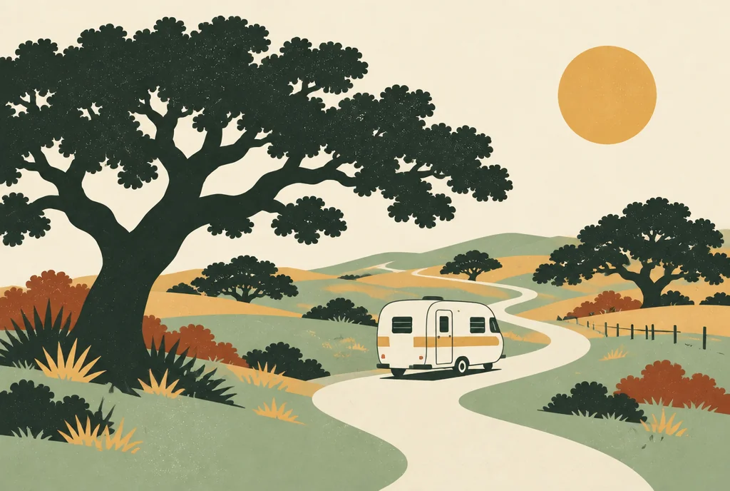 Retro illustration of an RV on a winding Hill Country road