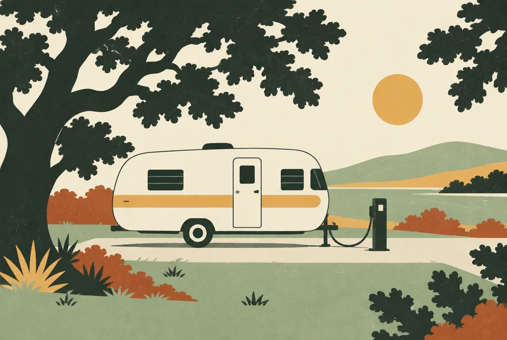 Retro illustration of a travel trailer connected to a utility pedestal