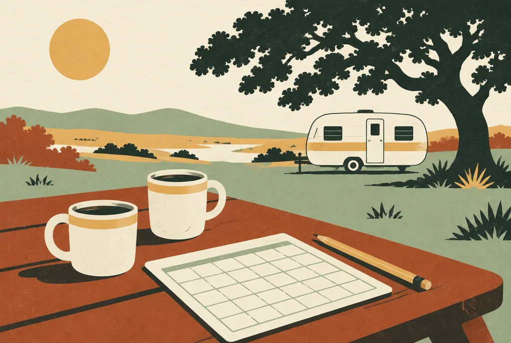 Retro illustration of coffee mugs and a calendar beside an RV