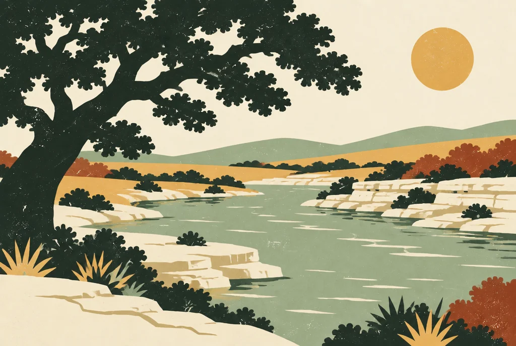 Retro illustration of a river between limestone shelves in the Hill Country