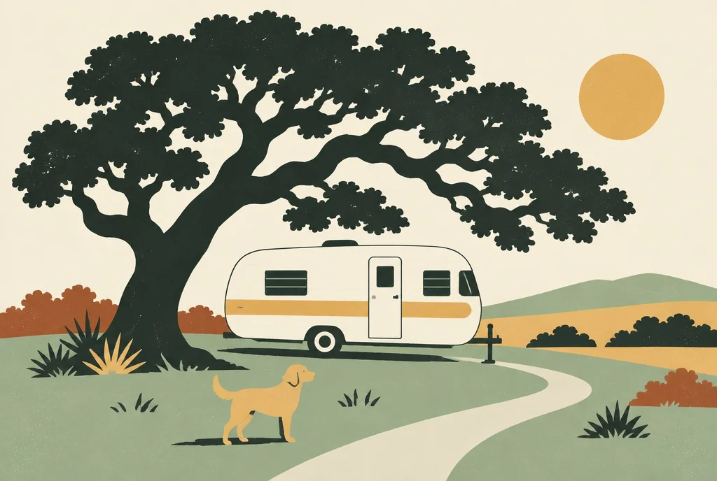 Retro illustration of a golden dog and trailer beneath a spreading oak