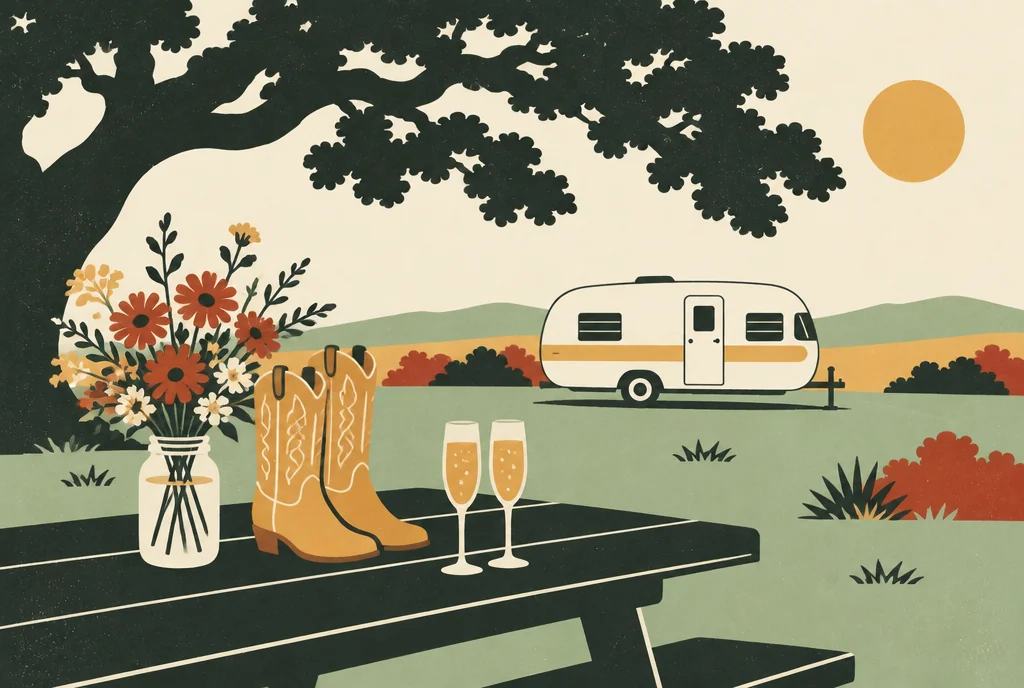 Retro illustration of flowers, western boots and celebratory glasses beside an RV